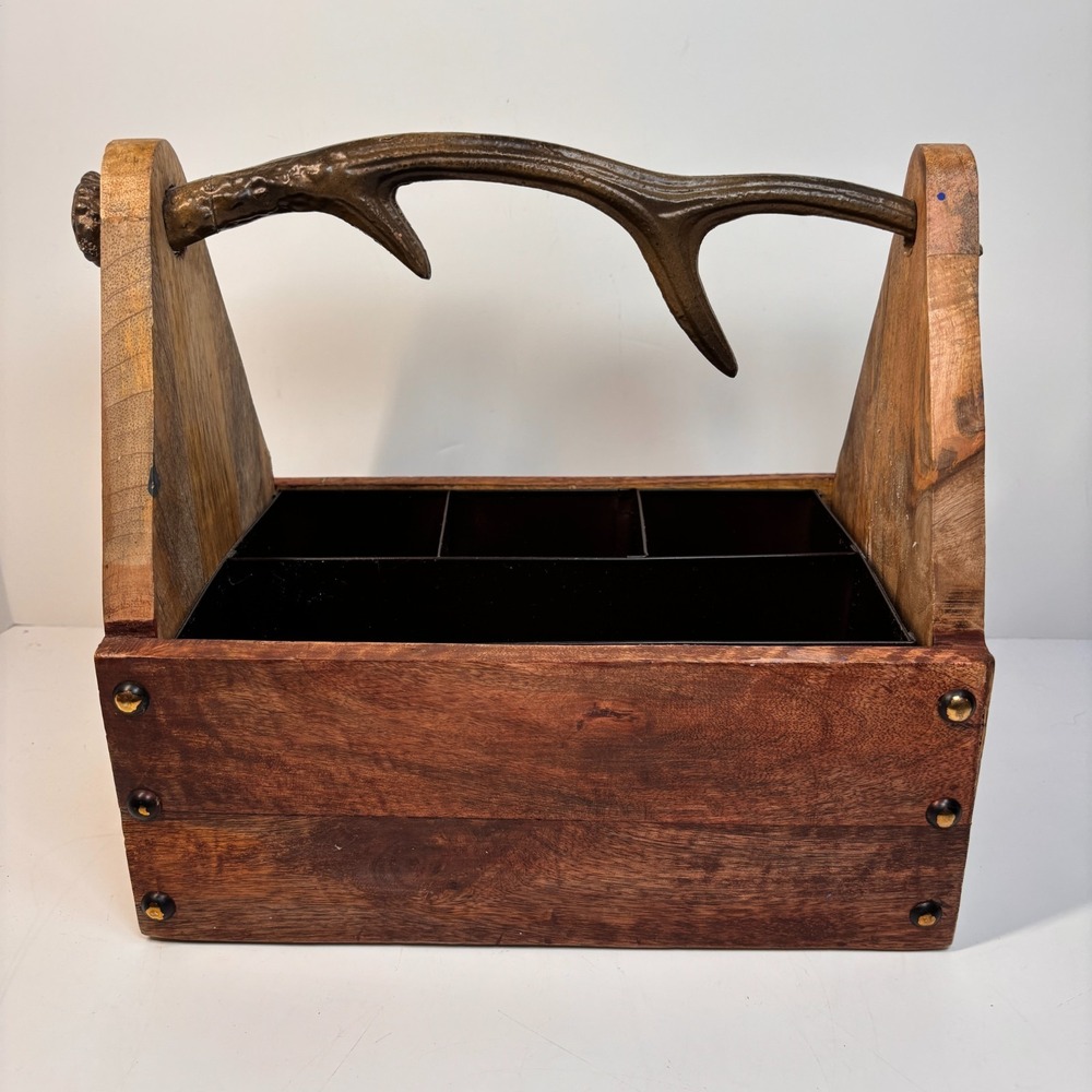 Rustic Pine Wooden Tote Box Antler Handle Primitive Farmhouse Tool Utensil Caddy